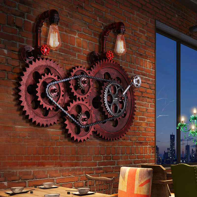 Rust Open Bulb Wall Lighting Factory Metal 2/3-Light Restaurant Sconce with Pipe and Gear Design