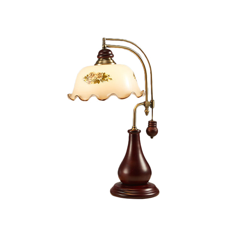 Wood Droplet Nightstand Light American 1-Bulb Bedroom Desk Lamp in Red Brown with Glass Shade