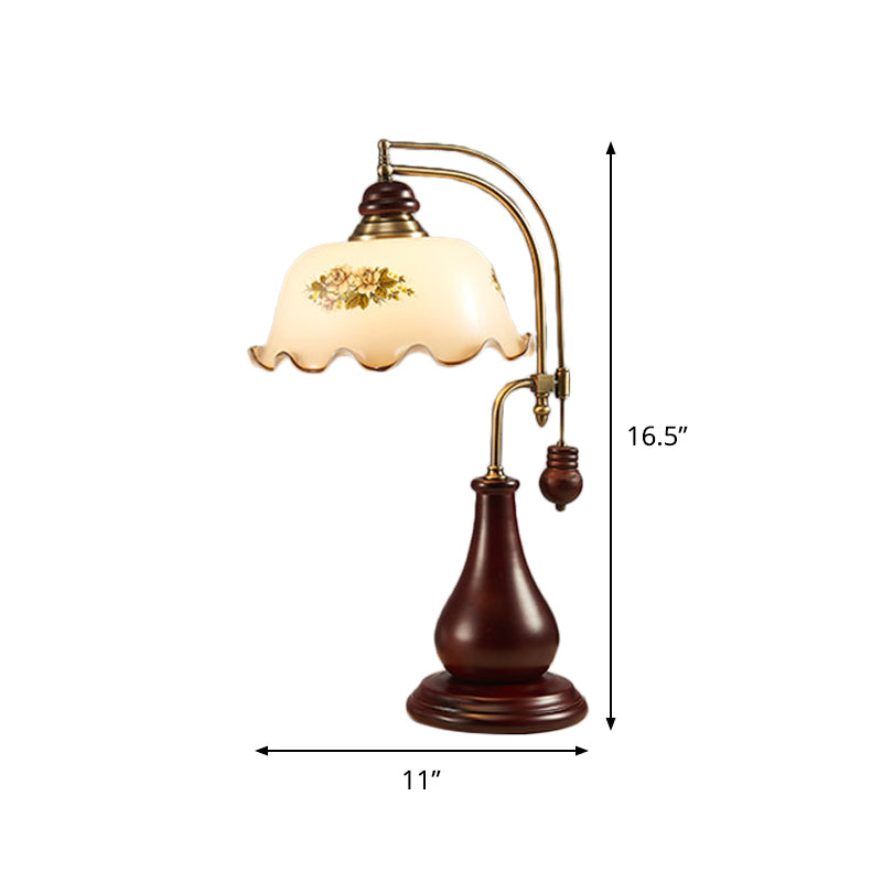 Wood Droplet Nightstand Light American 1-Bulb Bedroom Desk Lamp in Red Brown with Glass Shade