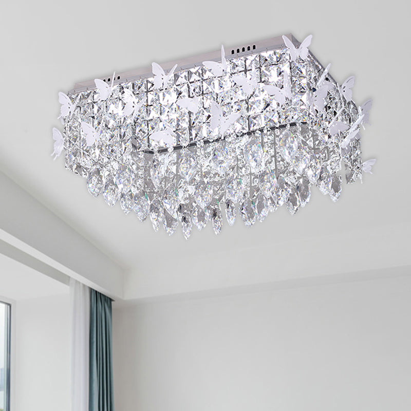 Rettangolo Flush Mount Lighting Semplicity Clear / Amber / Lake Blue Crystal LED Stainless - Steel Butterfly Massimale Light Fixture in Warm / White Light
