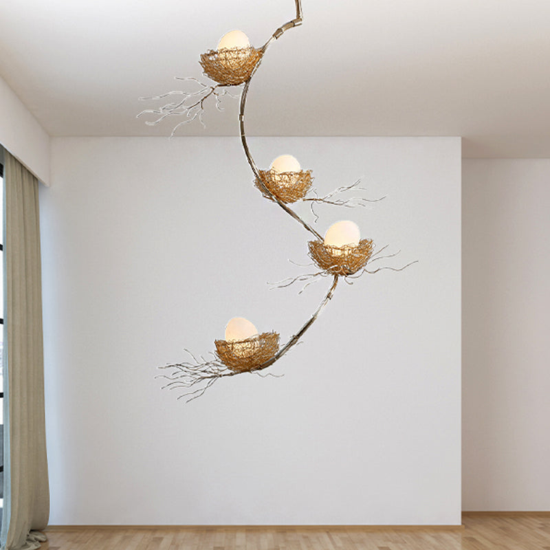 1/2/3 Lights Living Room Chandelier Artistry Golden Pendant Light Fixture with Egg Matte White Glass Shade