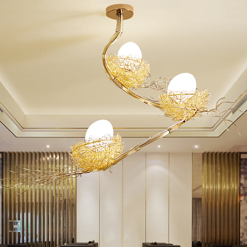 1/2/3 Lights Living Room Chandelier Artistry Golden Pendant Light Fixture with Egg Matte White Glass Shade