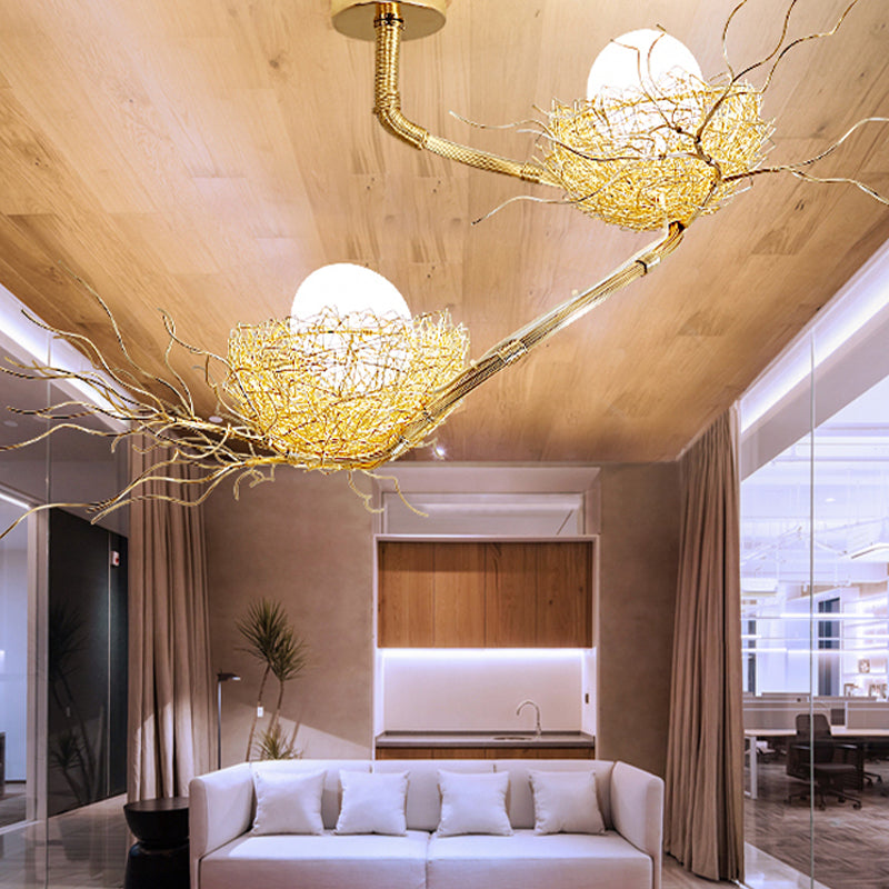 1/2/3 Lights Living Room Chandelier Artistry Golden Pendant Light Fixture with Egg Matte White Glass Shade