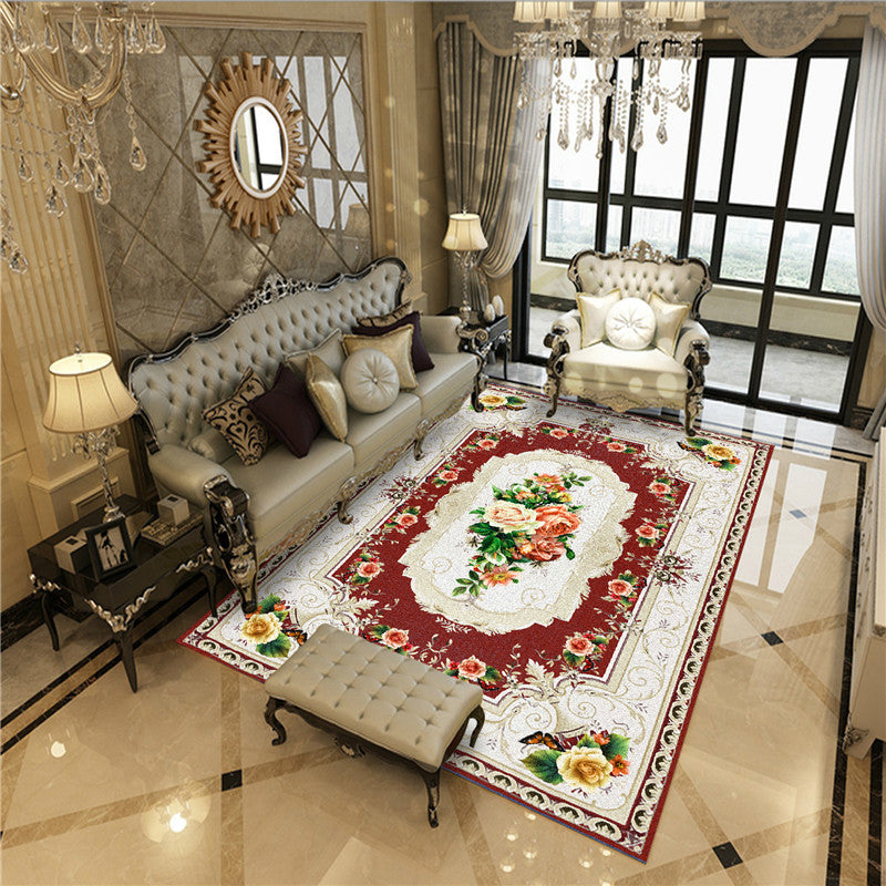 Imperial Peonies Print Rug Multi Colored Victorian Carpet Synthetics Machine Washable Non-Slip Backing Pet Friendly Rug for Room