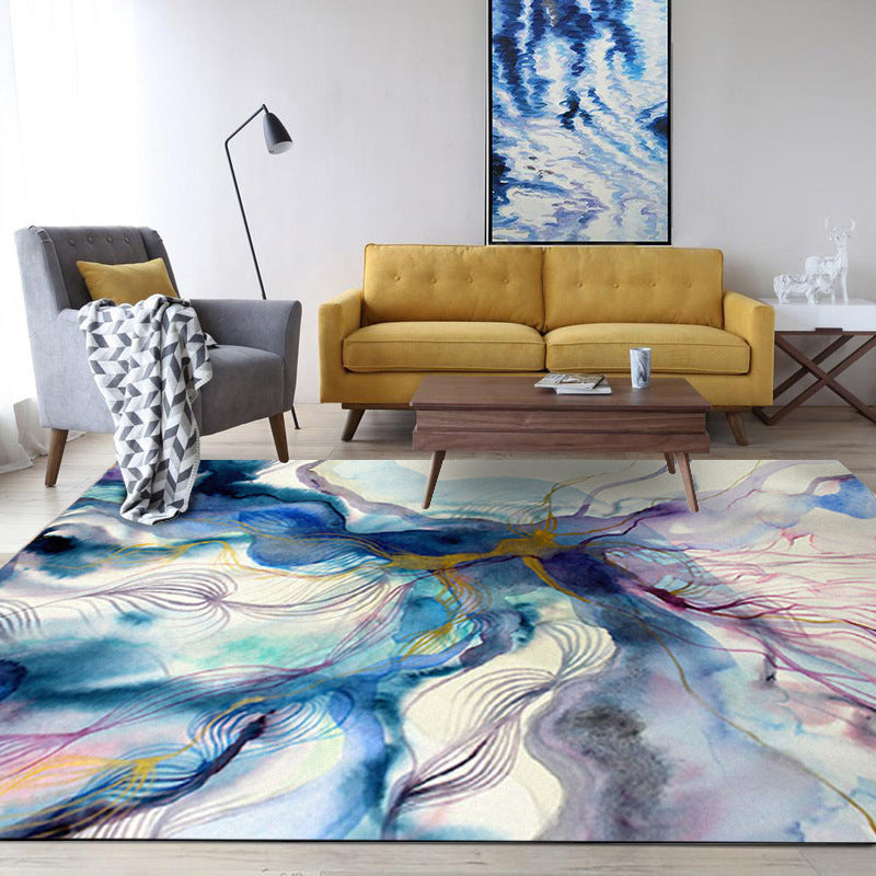 Tapis décoratif abstrait aquarelle violet et bleu, moderne, en polypropylène, lavable, résistant aux taches, avec envers antidérapant pour la maison