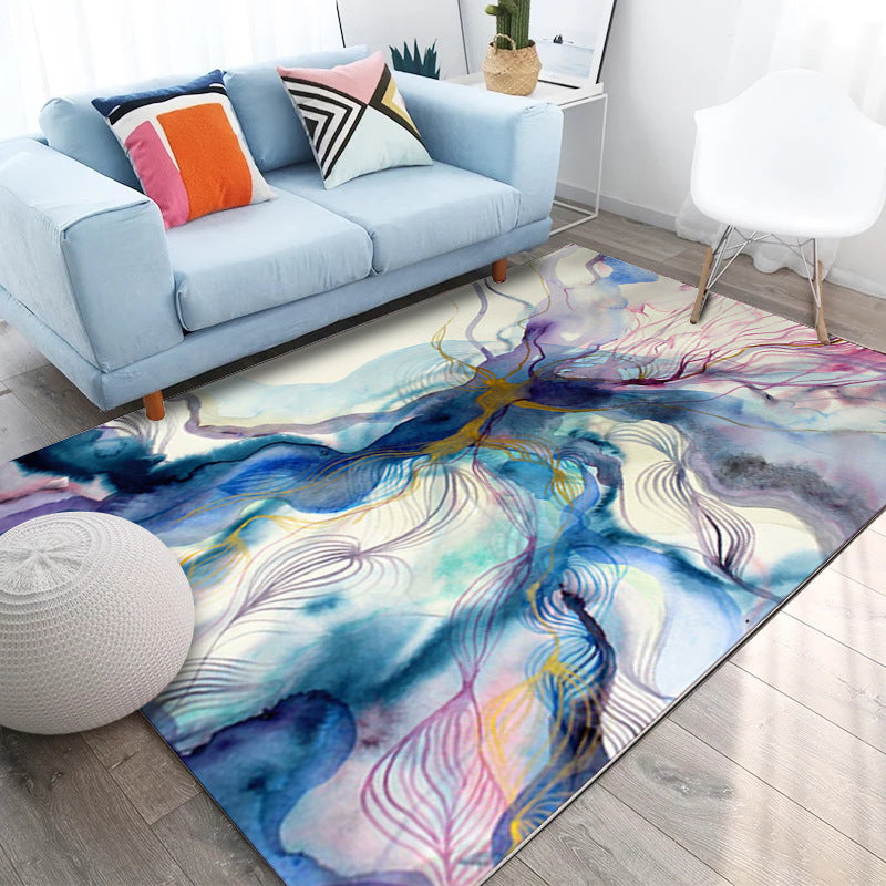 Decorative Abstract Watercolor Rug Purple and Blue Modern Rug Polypropylene Washable Stain Resistant Anti-Slip Backing Rug for Home
