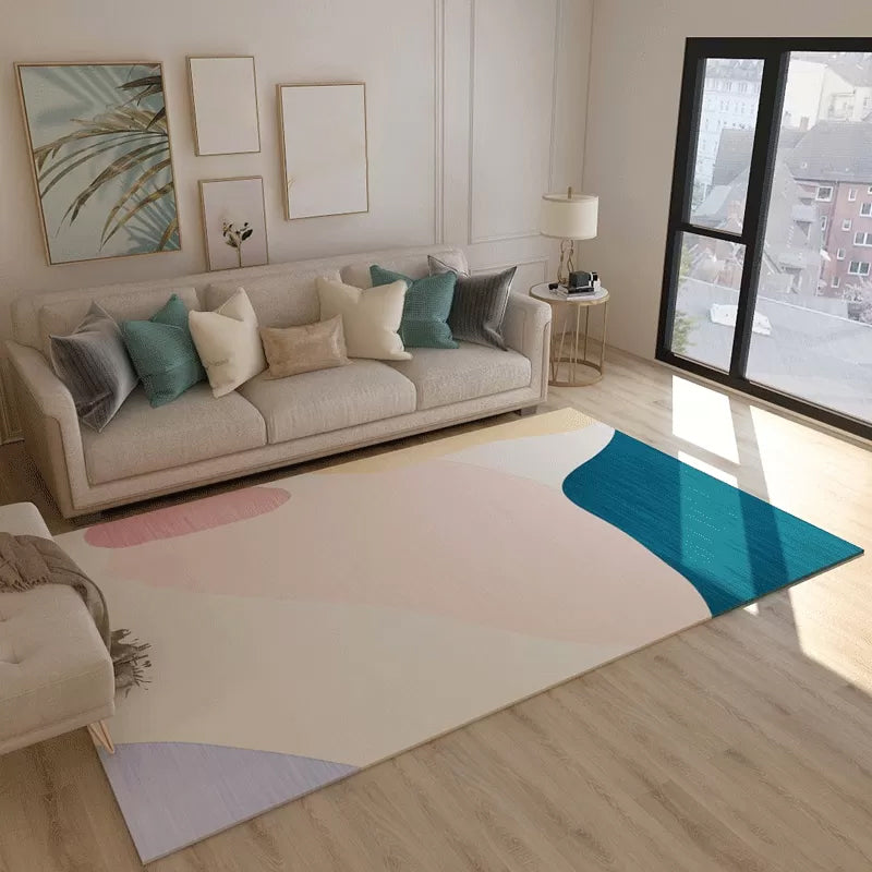 Minimalist Living Room Rug Multicolor Abstract Color Block Carpet Polyester Washable Pet Friendly Anti-Slip Backing Rug