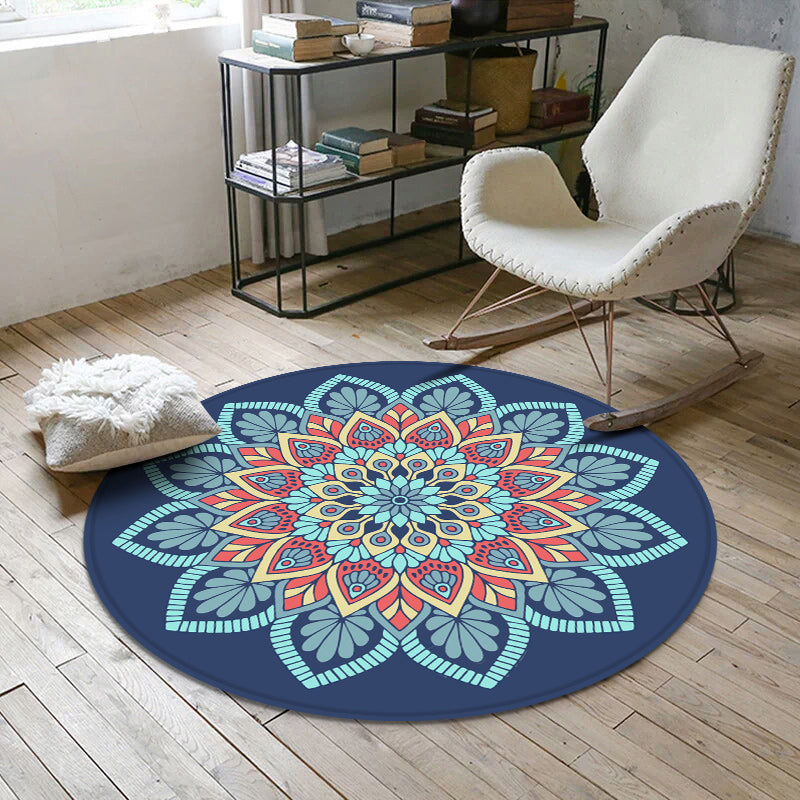 Aesthetics Mandala Rug Multi Color Moroccan Carpet Polyester Anti-Slip Backing Washable Stain Resistant Rug for Room