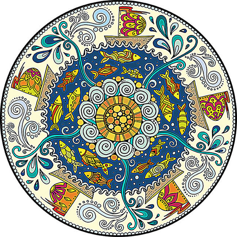 Multicolor Folk Art Print Rug Polyester Moroccan Area Rug Non-Slip Backing Pet Friendly Machine Washable Rug for Guest Room