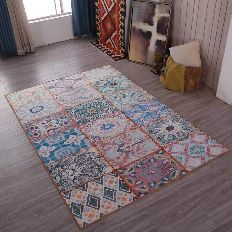 Multi Colored Living Room Rug Moroccan Patchwork Print Rug Synthetics Non-Slip Backing Pet Friendly Stain Resistant Rug