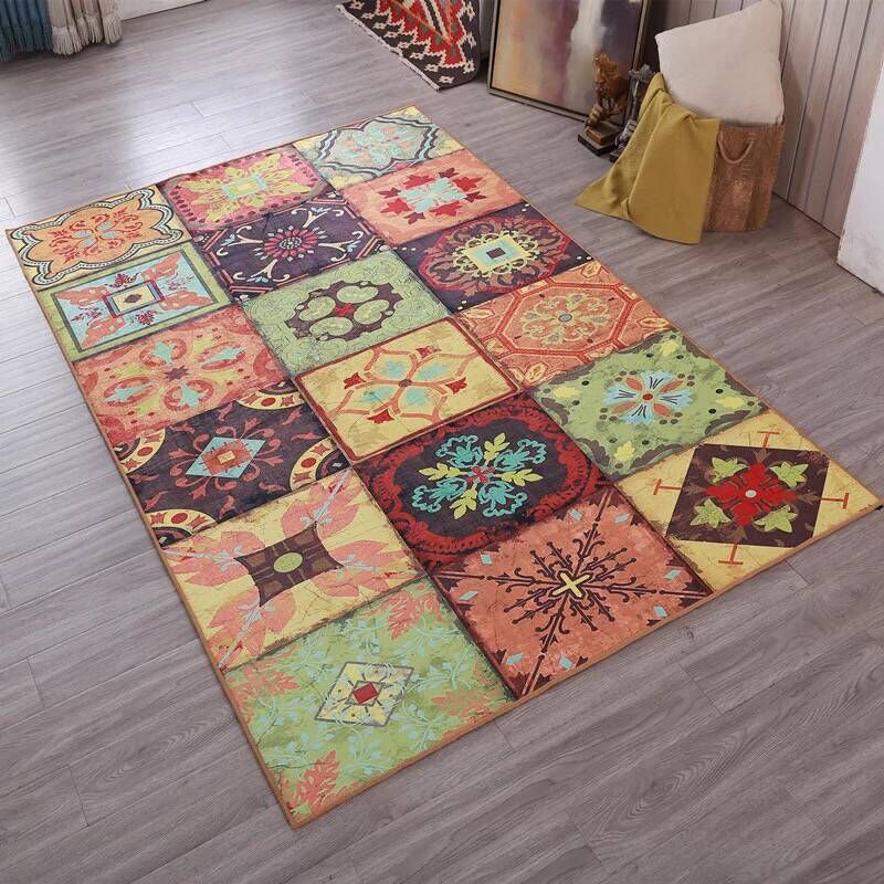 Multi Colored Living Room Rug Moroccan Patchwork Print Rug Synthetics Non-Slip Backing Pet Friendly Stain Resistant Rug