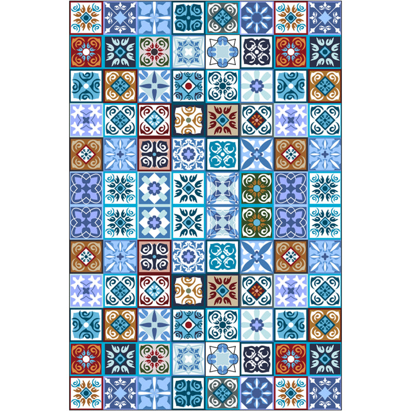 Moroccan Mosaic Print Rug Multi Colored Polyester Carpet Non-Slip Backing Washable Pet Friendly Rug for Living Room