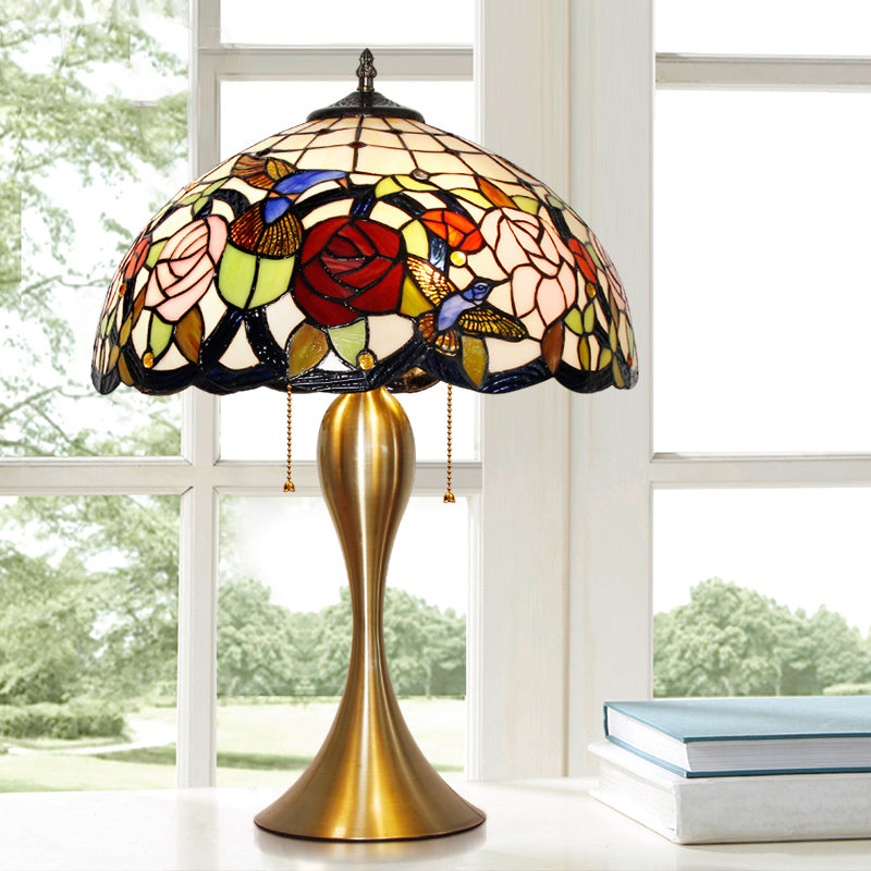 Lampada da comodino a cupola tradizionale vetro colorato 3 teste in ottone a catena leggera con motivo floreale e uccello