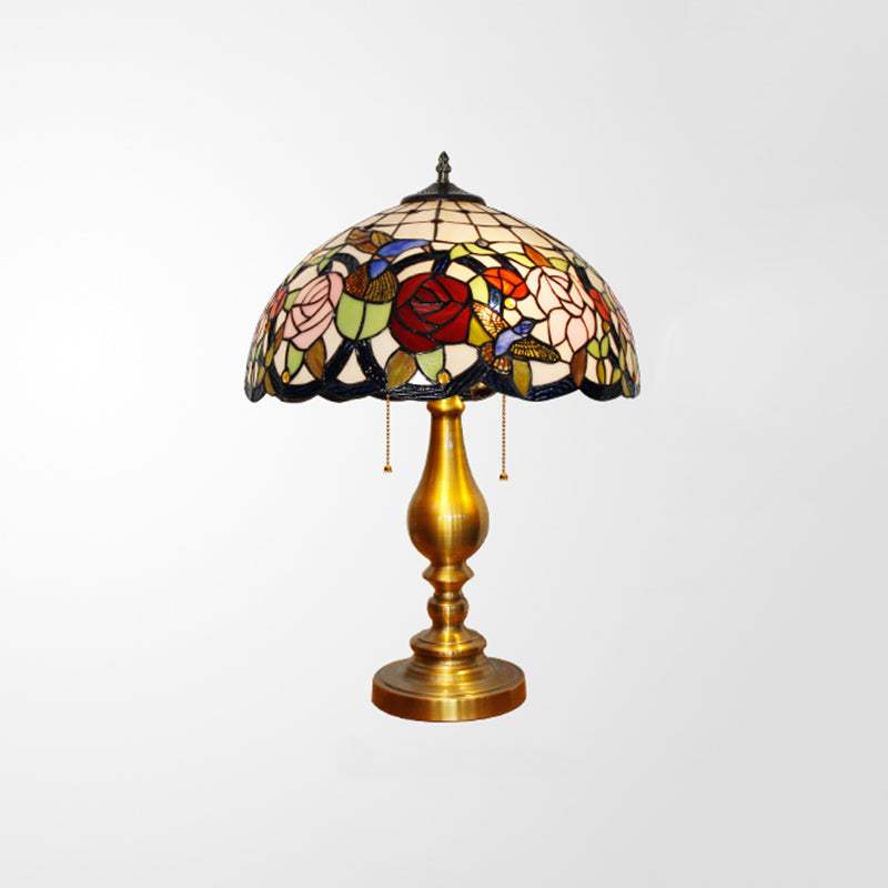 Lampada da comodino a cupola tradizionale vetro colorato 3 teste in ottone a catena leggera con motivo floreale e uccello