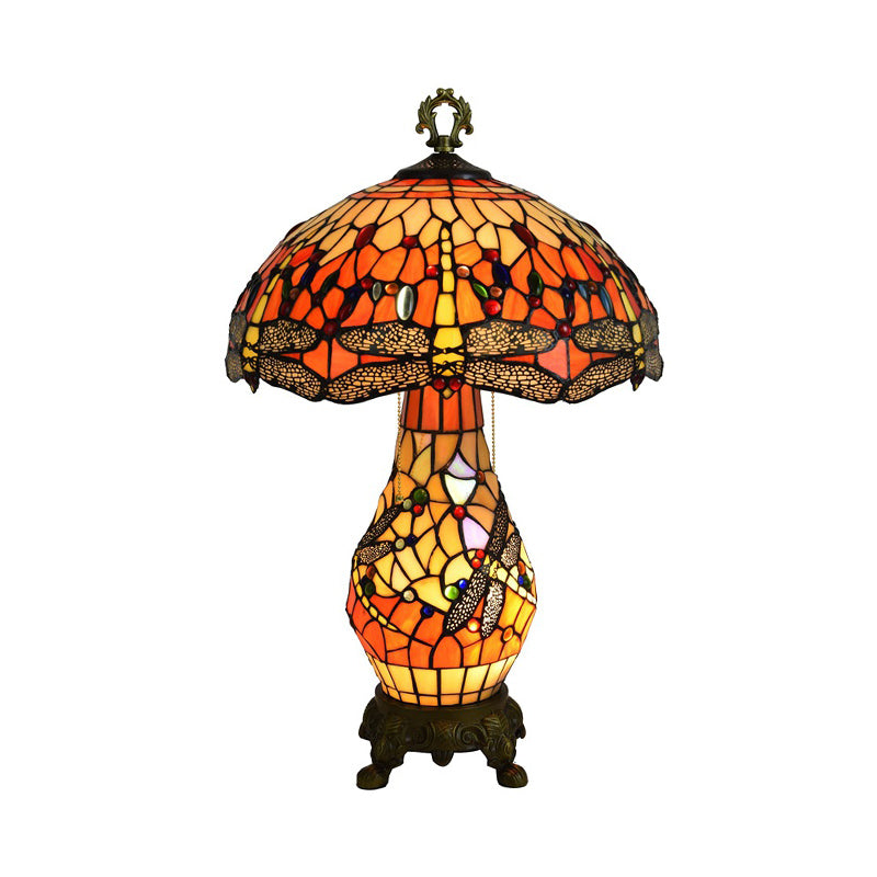3 Bulbs Mushroom Shaped Nightstand Lamp Vintage Orange Stained Glass Table Light with Dragonfly Pattern