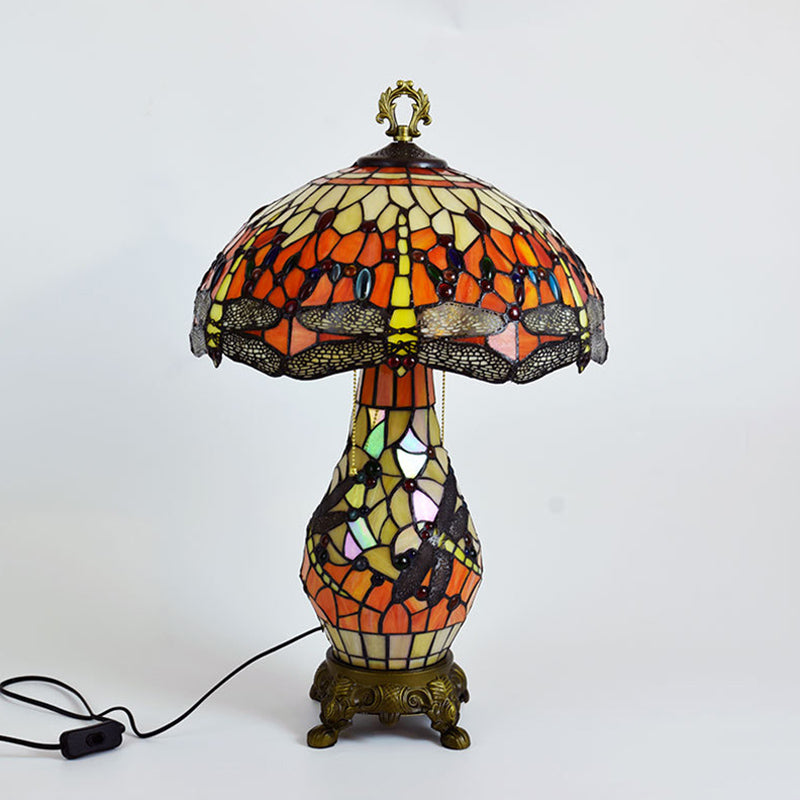 3 Bulbs Mushroom Shaped Nightstand Lamp Vintage Orange Stained Glass Table Light with Dragonfly Pattern