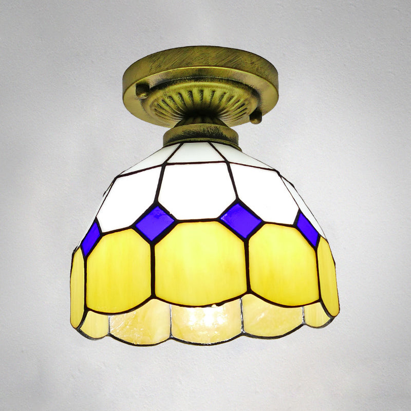 1 Head Flush Mount Light Classic Bell Shade Gridded Glass Semi Flush Ceiling Light