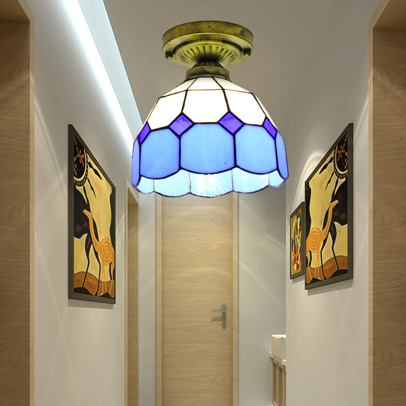 1 Head Flush Mount Light Classic Bell Shade Gridded Glass Semi Flush Ceiling Light
