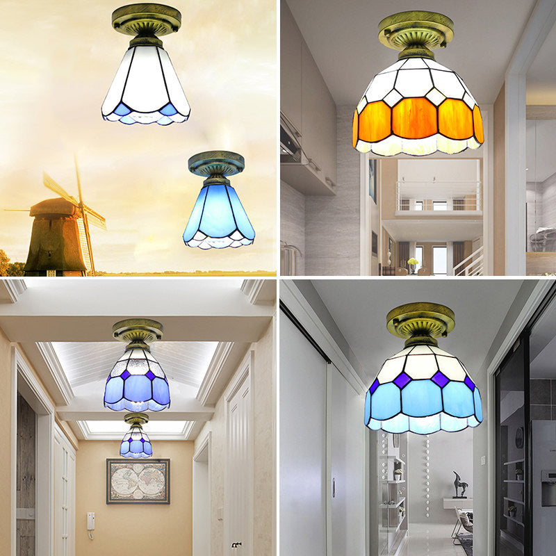 1 Head Flush Mount Light Classic Bell Shade Gridded Glass Semi Flush Ceiling Light