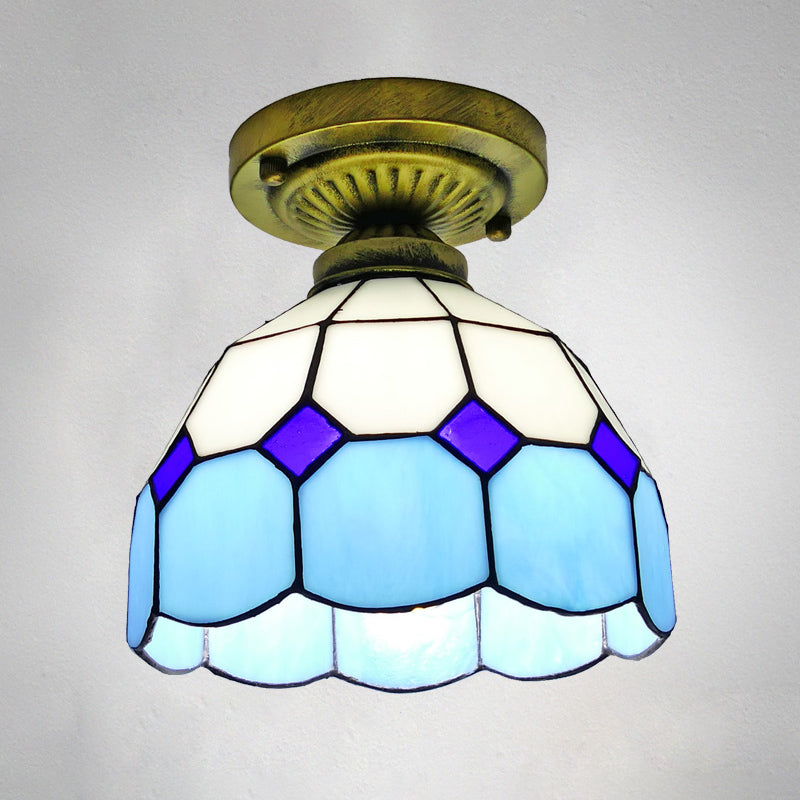 1 Head Flush Mount Light Classic Bell Shade Gridded Glass Semi Flush Ceiling Light