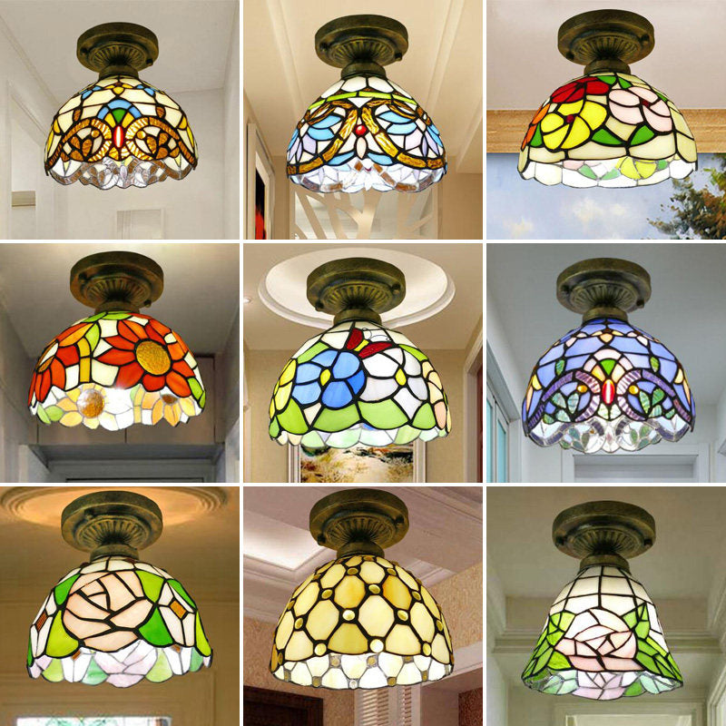 Plafonnier en forme de dôme, 1 ampoule, vitrail, luminaire semi-encastré vintage pour couloir