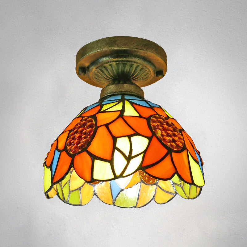 Dome Ceiling Light 1 Bulb Stained Glass Vintage Semi Flush Light Fixture for Corridor