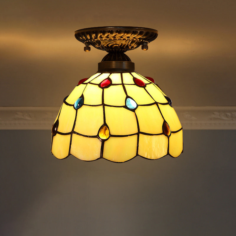 Decorative Dome Shade Semi Flush Mount 1-Light Stained Glass Ceiling Mounted Light