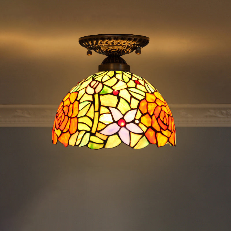 Decorative Dome Shade Semi Flush Mount 1-Light Stained Glass Ceiling Mounted Light