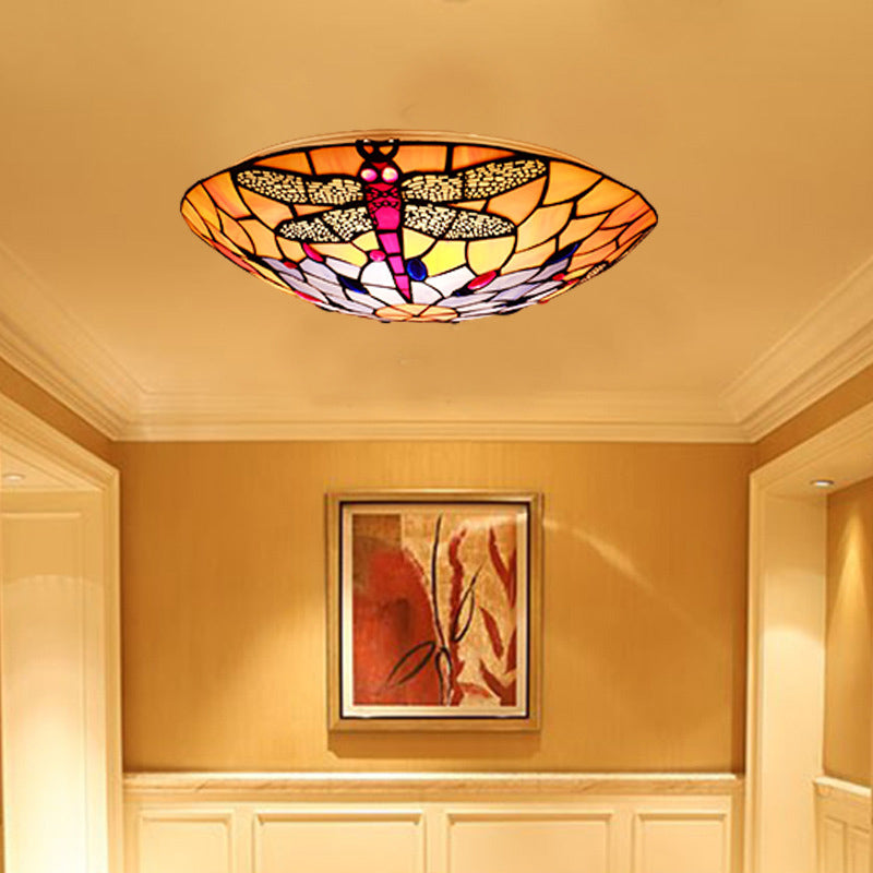 3 Bulbs Flush Mount Tiffany Style Dragonfly Pattern Handcrafted Glass Flushmount Ceiling Light