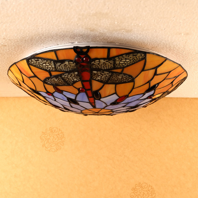 3 Bulbs Flush Mount Tiffany Style Dragonfly Pattern Handcrafted Glass Flushmount Ceiling Light