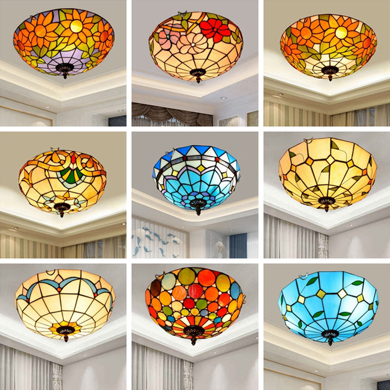 Plafonnier traditionnel à abat-jour en forme de bol, luminaire d'art en verre teinté