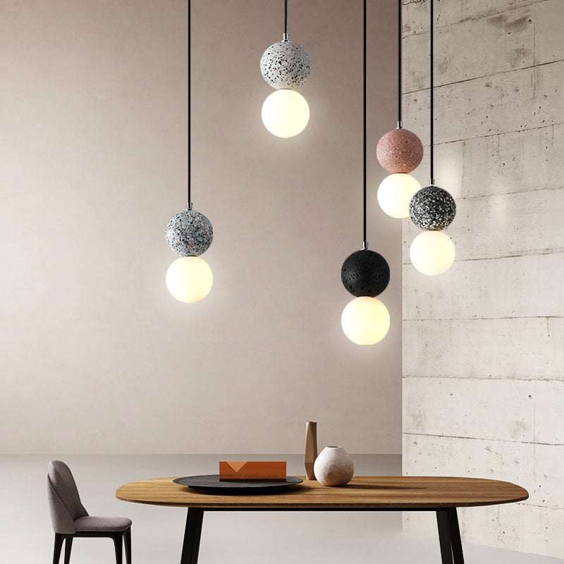 Round Pendant Light Minimalistic Frosted Glass 1 Bulb Dining Room Suspension Light with Terrazzo Decor