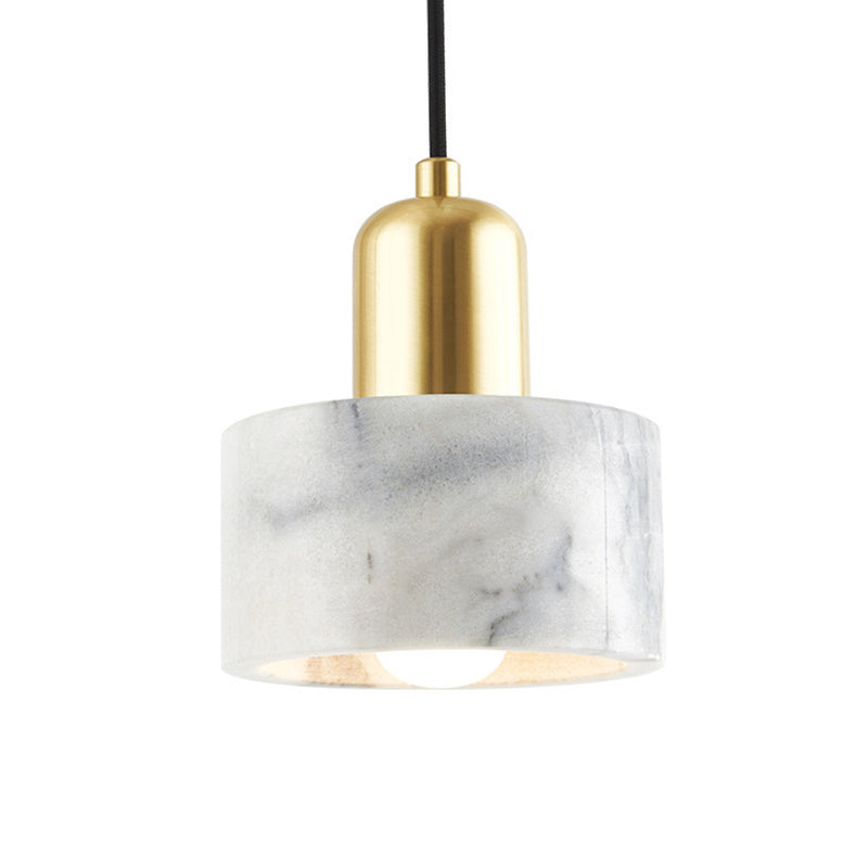 Drum Shade Marble Ceiling Light Minimalistic 1-Light White Hanging Pendant Light for Bedroom