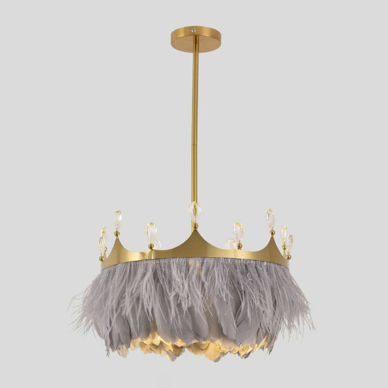 Round Bedroom Suspension Light Feather 1 Bulb Simplicity Pendant Light with Crystal and Crown Decor in Gold