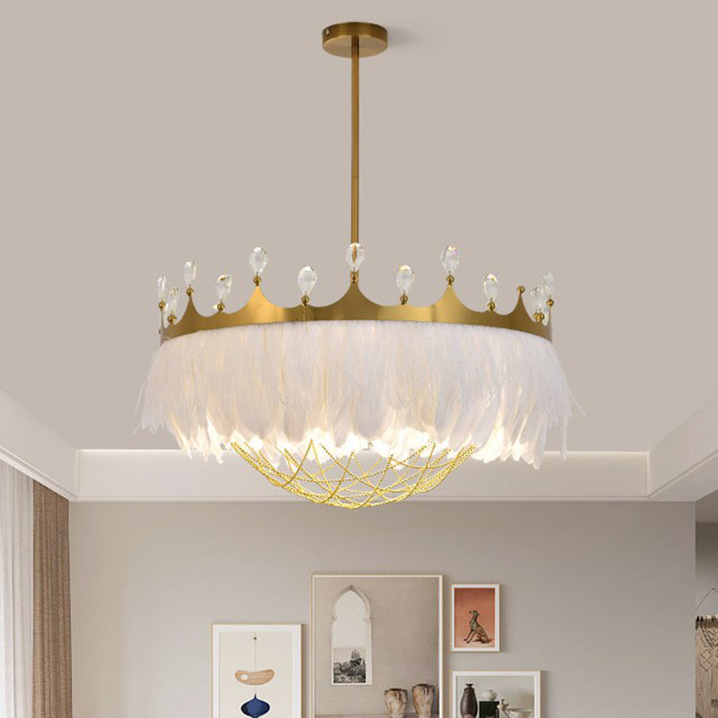 Artistic Crown Shaped Ceiling Light Feather 1 Head Girls Bedroom Hanging Lamp with Chain Net and Crystal