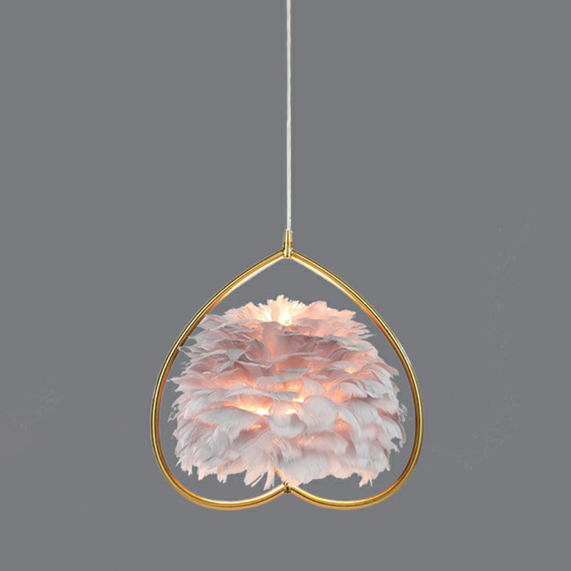 Metallic Heart Suspension Lighting Hedendaags single gouden hanger plafondlicht met decoratieve veer