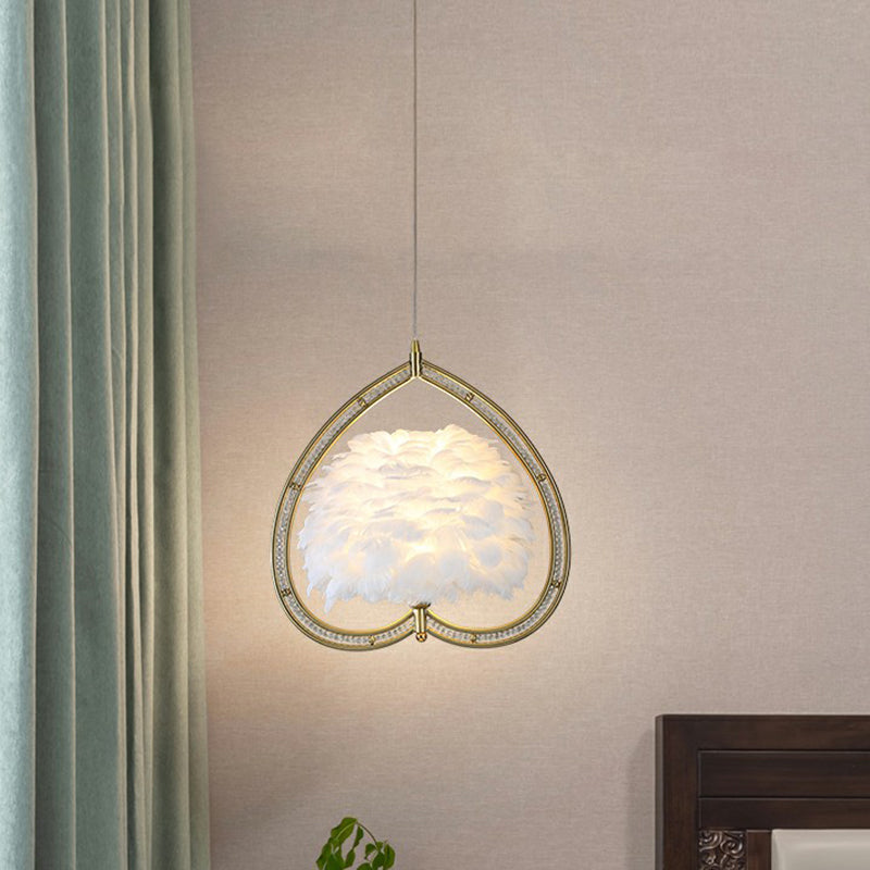 Metallic Heart Suspension Lighting Hedendaags single gouden hanger plafondlicht met decoratieve veer