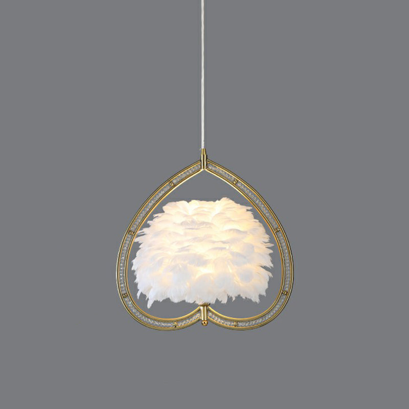 Metallic Heart Suspension Lighting Hedendaags single gouden hanger plafondlicht met decoratieve veer