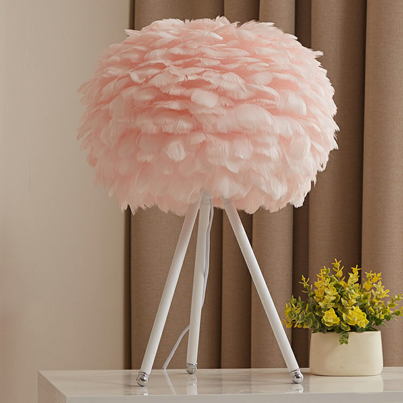 Feather Sphere Table Lighting Nordic 1 Head Nightstand Lamp with Metallic Tripod for Living Room