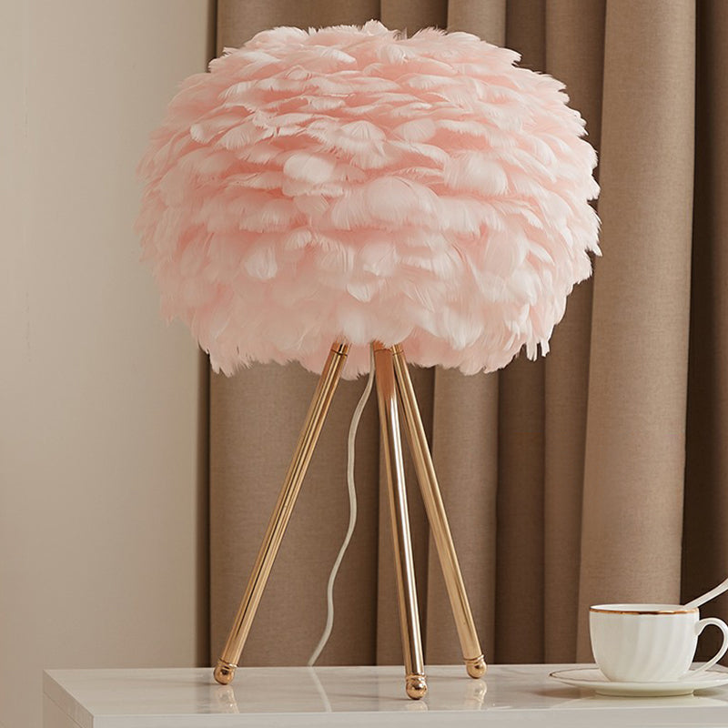 Feather Sphere Table Lighting Nordic 1 Head Nightstand Lamp with Metallic Tripod for Living Room