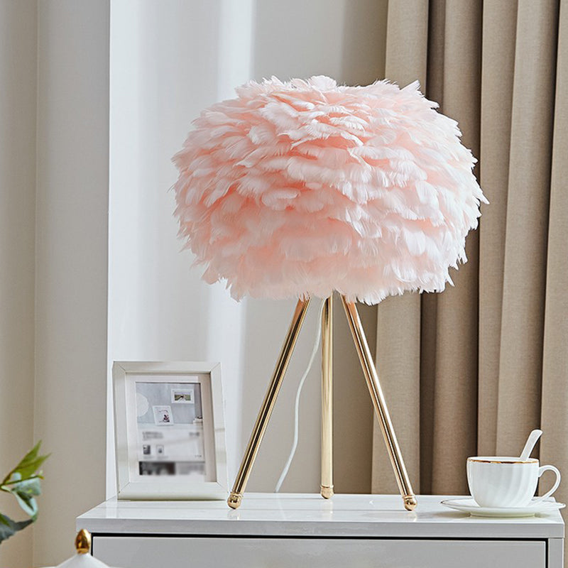 Feather Sphere Table Lighting Nordic 1 Head Nightstand Lamp with Metallic Tripod for Living Room