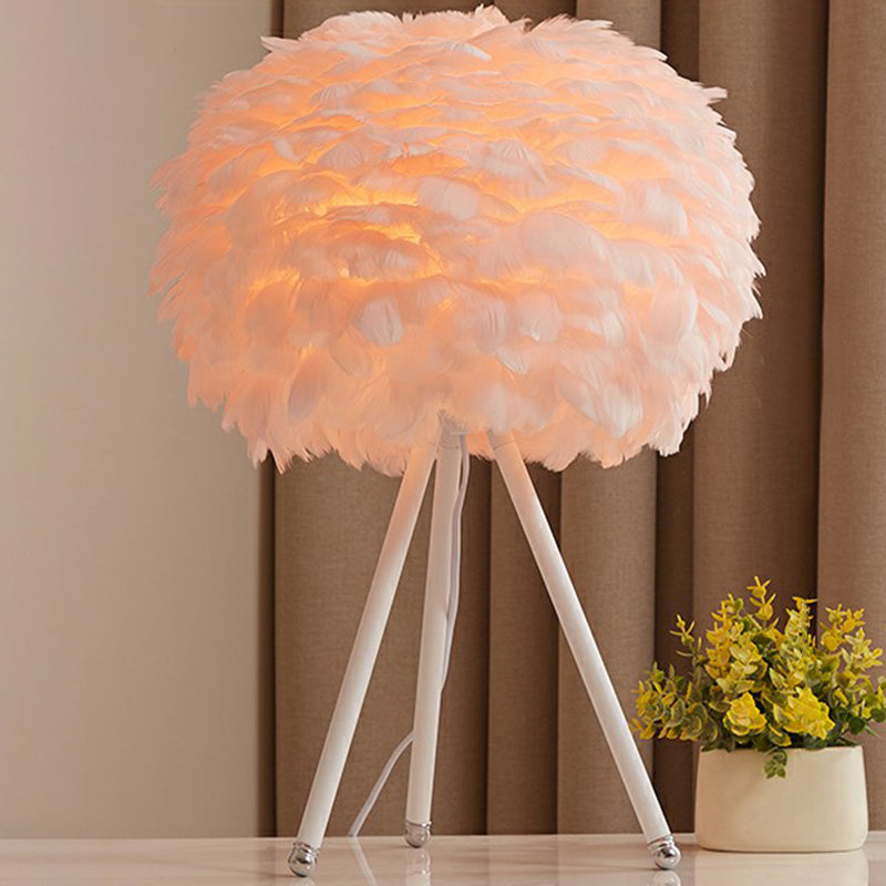 Round Shade Table Lighting Minimalistic Feather 1��Bulb Living Room Nightstand Lamp
