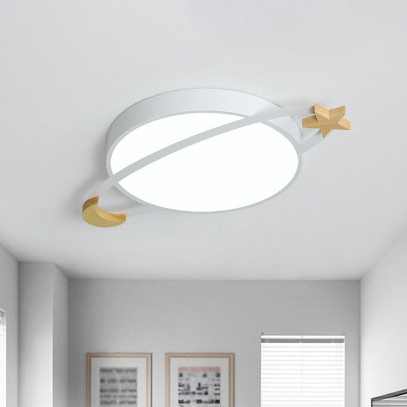 Lámpara empotrada en forma de planeta, lámpara de techo empotrada LED nórdica metálica para dormitorio con luna y estrella de madera