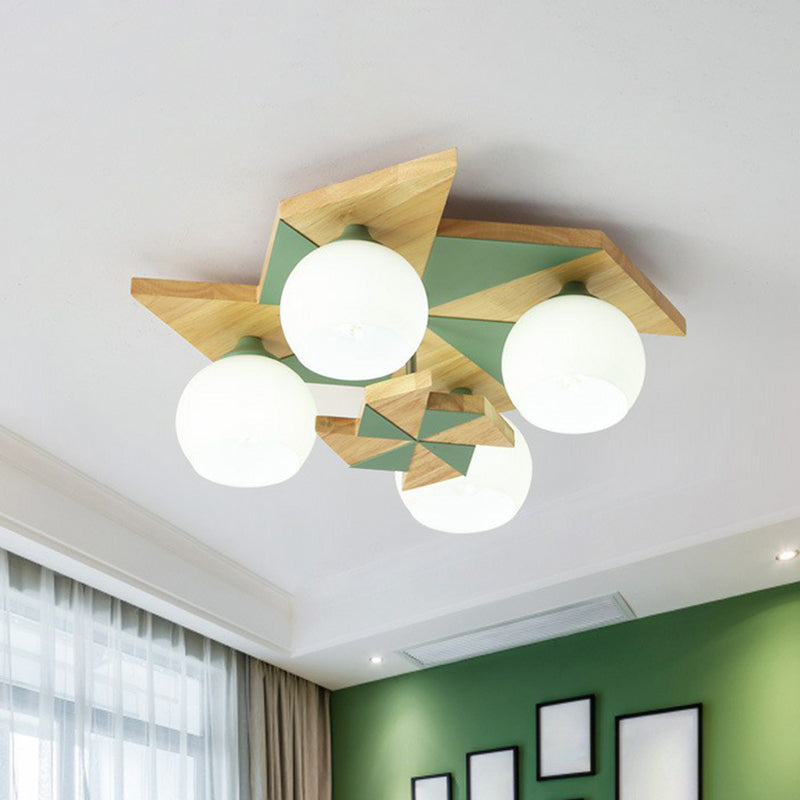 Moulin à vent pour chambre d'enfants, luminaire encastré en bois à 4 têtes, luminaire nordique avec abat-jour en verre opale sphérique