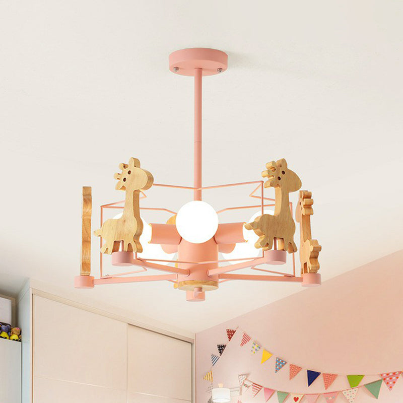 Macaron Caged Suspension Light Metallic 6 Heads Kids Bedroom Chandelier Light with Wooden Deer Decor