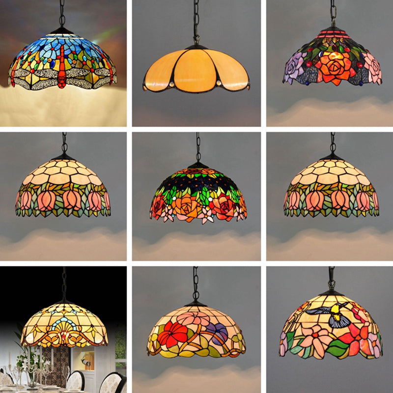 Tiffany-Style Dome Ceiling Light 1-Light Stained Glass Hanging Pendant Light for Restaurant