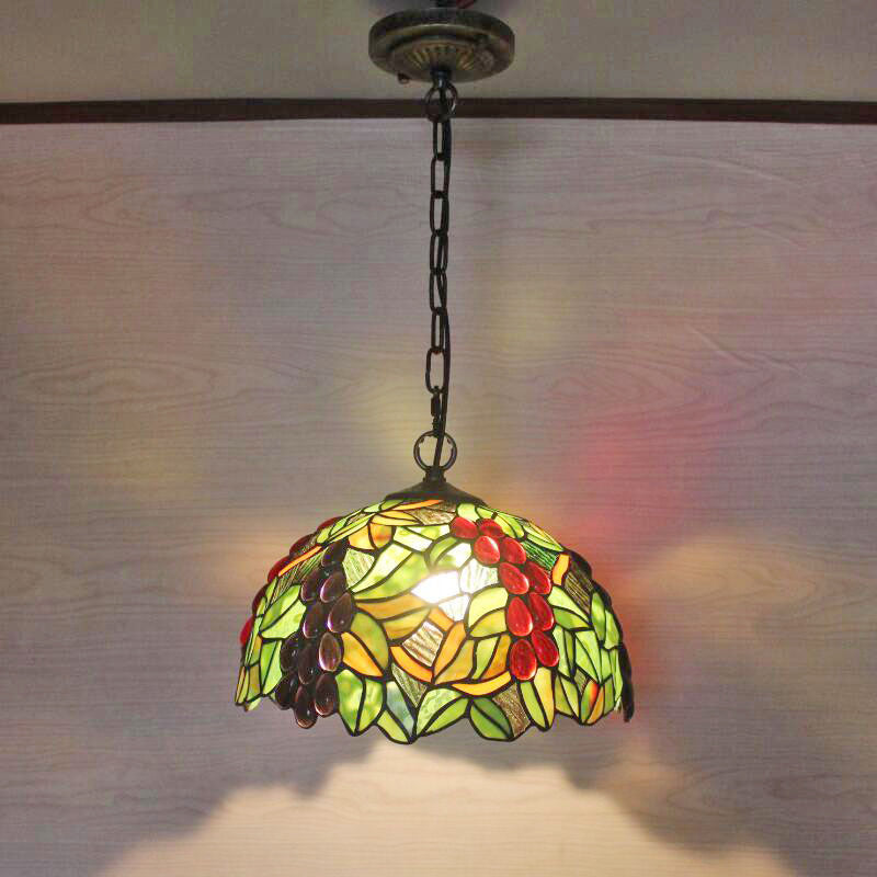 1 Head Suspension Light Decorative Dome Shade Grape Stained Glass Pendant Light Fixture