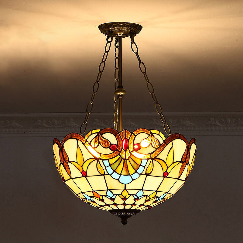 Bowl Shade Suspension Lighting Stained Art Glass Tiffany-Style Pendant Ceiling Light