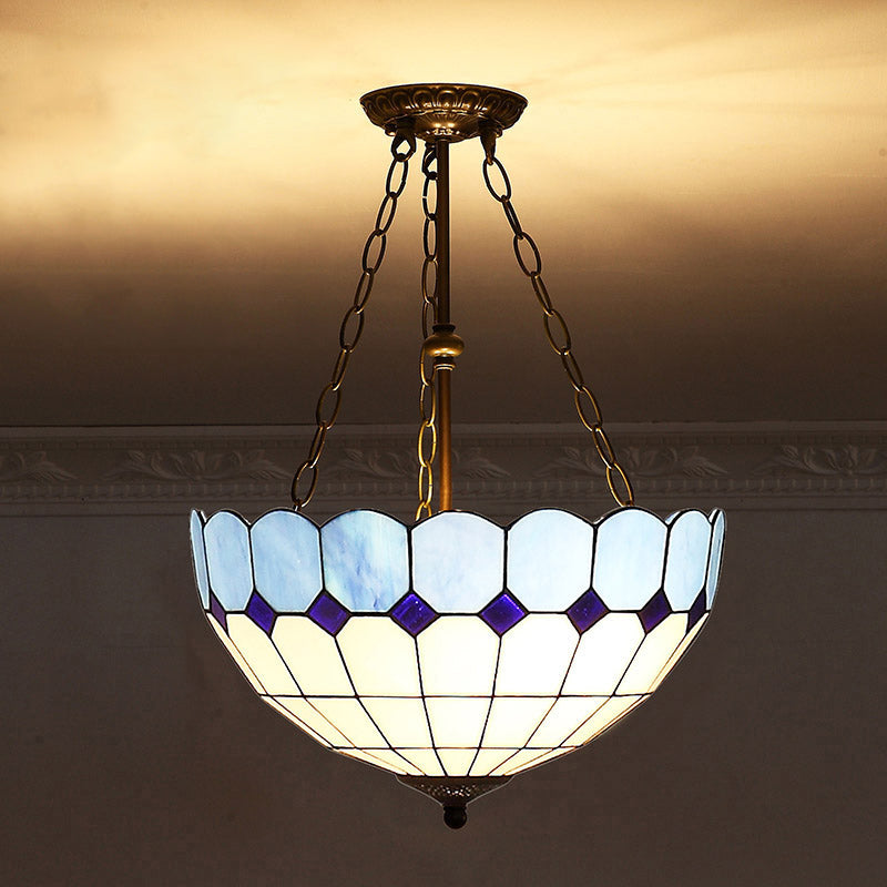 Bowl Shade Suspension Lighting Stained Art Glass Tiffany-Style Pendant Ceiling Light