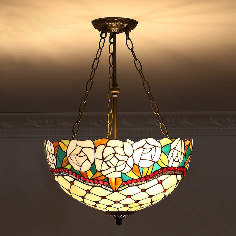 Bowl Shade Suspension Lighting Stained Art Glass Tiffany-Style Pendant Ceiling Light